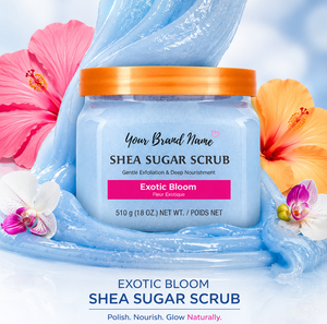 Exotic Bloom Exfoliante Corporal de Azúcar y Manteca de Karité, Polvo Corporal Revitalizante y Exfoliante con Manteca de Karité y Aceites Ricos en Vitaminas para Venta al por Mayor - Product Image 1