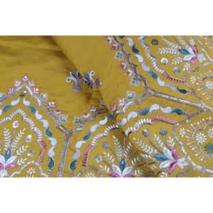 Tissu en satin semi-soie brodé au mètre - 58 pouces de large, jaune moutarde doux avec motif floral pour la confection de robes - Product Image 1