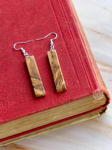 Boucles d'oreilles pendantes rectangulaires en bois naturel avec crochets en argent, style bohème, accessoires de bijouterie - Product Image 5