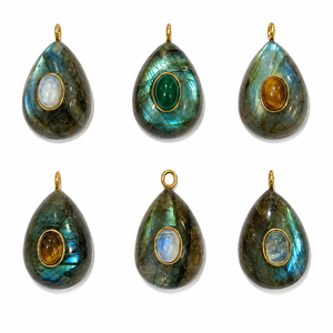 Wholesale <b>Blue</b> Flash Labradorite Teardrop Pendant Charms, Gold Tone Inlay Gemstone Pendants for <b>Necklace</b> Jewelry Making - Product Image 1