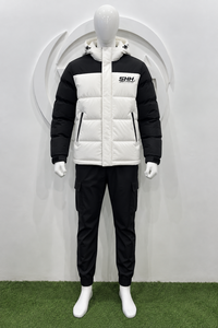 <b>Men's</b> Hooded Puffer Jacket Black <b>White</b> Color Block Padded Winter <b>Coat</b> with Zip Pockets Custom Outdoor Streetwear Wholesale - Product Image 5