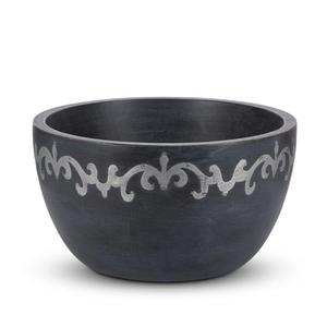 Mesa de Centro Decorativa de Estilo Marroquí con Tazón de Madera de Carbón y Borde Arabesco Metálico Plateado - Product Image 1