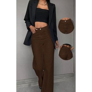 OSCA Jeans de mezclilla marrón de pierna ancha, estilo vintage y moderno, de tela elástica suave, ecológicos, duraderos, transpirables, de cintura alta, corte relajado, con detalles chapados - Product Image 1