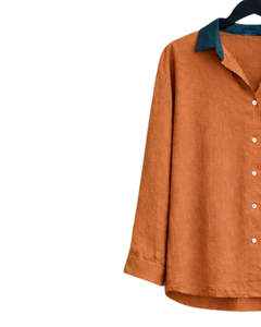 Ensemble deux pièces décontracté pour femme : chemise orange rouille et pantalon large bleu marine en coton et lin – Fabricant OEM personnalisé - Product Image 5