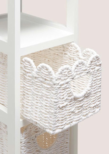 Commodes en bois blanc festonné avec paniers en jonc de mer, artisanales vintage pour espaces de vie - Product Image 2