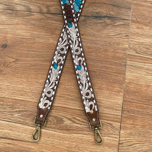 New Personalized Floral Hand Tooled Leather Western Cactus Replacement Bag <b>Strap</b> <b>Camera</b> & Guitar <b>Strap</b> with Antique Brass Snaps - Product Image 2