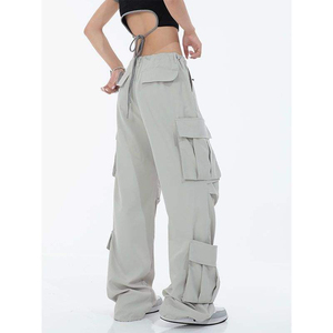 Custom Logo Women's <b>White</b> Contrast Stitch Wide Leg Cargo Pants - Oversized Baggy Casual <b>Trousers</b> with Utility Pocket, Streetwear - Product Image 5