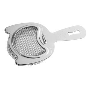 Beautiful silver steel strainer featuring a fine wire <b>mesh</b> <b>basket</b> bowl and a modern jigger cutout. Available at wholesale price. - Product Image 1