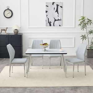 Set Tavolo e Sedie Bianco Effetto Marmo con Piano in Vetro, Base in MDF e Gambe Affusolate in Metallo Argento per Ristoranti, 4 Pezzi - Product Image 3