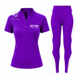 NCNW <b>Women's</b> Workout Set <b>Quarter</b> <b>Zip</b> Top Short Sleeve High Waist Leggings With Contrast White Stripe Sports Activewear Set - Product Image 1