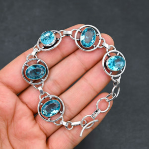 Customised Blue Topaz Tennis <b>Bracelet</b> 925 Sterling <b>Silver</b> Rhodium Plated <b>Adjustable</b> Handmade Jewelry Oval Gift - Product Image 1