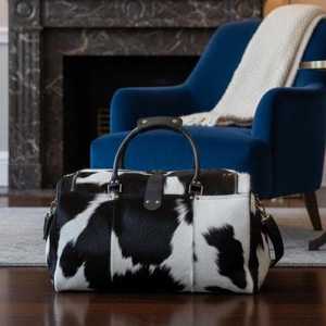 Bolsa de viaje de lujo de cuero de vaca con pelo, tipo Duffel Weekender, equipaje de mano, directo de fábrica OEM LHTB-0054 - Product Image 1