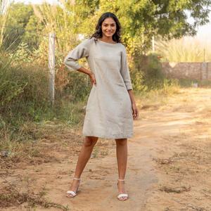 Robe d'été décontractée en coton et lin pour femme, manches 3/4, col rond, ample, confortable, légère, longueur midi - Product Image 5