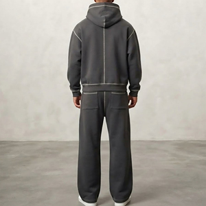 OEM/ODM Custom Made Casual Wear Solid Color Contrast Stitch <b>Sweat</b> <b>suits</b> <b>for</b> <b>Men</b> Pullover Boxy Hoodie and Baggy Jogger Set - Product Image 5