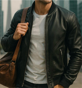 Veste en cuir véritable de haute qualité, confortable, nouveau design, avec col montant et logo sur le devant, respirante, pour homme, hiver - Product Image 5