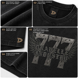T-shirt Y2K surdimensionné pour homme, motif 777, noir suie, délavage minéral, imprimé gothique, strass, streetwear, Dravelle Industry - Product Image 4