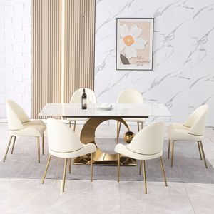 Set sala da pranzo da 71 pollici con Base a piedistallo in acciaio al carbonio bianco Carrara 6 pz sedie con tavolo e sedie in pietra - Product Image 2