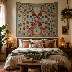 Couvre-lit en coton brodé Suzani fait main de luxe, motif floral multicolore turquoise, style bohème, décoration ethnique indienne pour la maison, vente en gros - Product Image 5