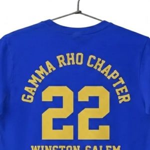 Camiseta Azul Rey con Detalles Dorados de Sigma Gamma Rho, Personalizada para Capitales Griegos, Manga Corta, Cuello Redondo, Número Gráfico 22, Fraternidad Universitaria, Estilo Casual - Product Image 4