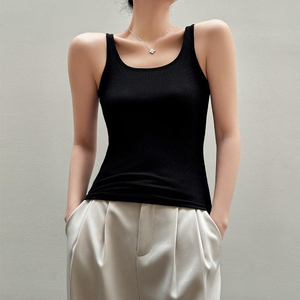 Women Knitted Solid Color Scoop Neck Tank <b>Top</b> Minimalist Style Breathable Cotton Spandex Blend Regular Length - Product Image 2
