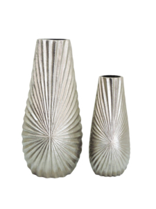 Set of 2 Metal Flower <b>Vases</b>, Modern Sunburst Ribbed Silver Planters for Home Decor, Elegant Tabletop Centerpiece Ornament - Product Image 2