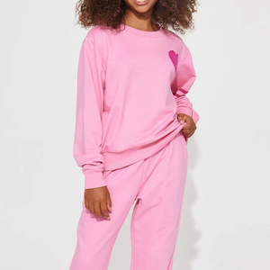 Ensemble de survêtement en coton rose pour femmes grandes tailles, col rond, manches longues, coupe ample, couleur unie, vêtements décontractés d'automne avec poches latérales - Product Image 4