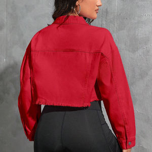 Custom Factory Ladies <b>Cropped</b> <b>Denim</b> <b>Jacket</b> Ripped Raw Hem Long Sleeve Button Fly Shorts Women Streetwear <b>Denim</b> Set - Product Image 5