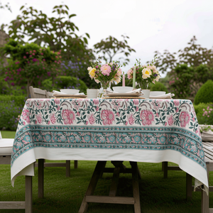 Mohini Green Open Christmas <b>Tablecloth</b> 180x270cm Handcrafted Block Printed 100% Cotton Holiday Dining Table Decor Style - Product Image 3