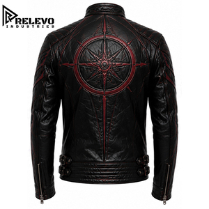 Custom High Quality Men Dark Fantasy <b>Leather</b> Biker <b>Jacket</b>, Gothic Star Crest Armor Coat with Red Vein Detail and Stand Collar - Product Image 2