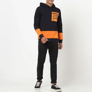Sweat-shirt à capuche pour homme, noir et orange, avec poche imprimée, coupe décontractée, style automne, manches régulières, en coton tricoté - Product Image 4
