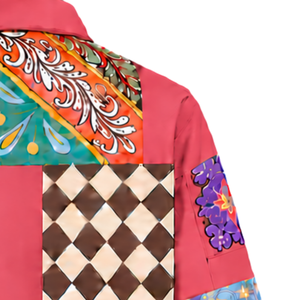 Chaqueta de trabajo rosa coral con mosaico, diseño floral artesanal, abotonada, informal, de manga larga, estilo urbano, personalizada - Product Image 6