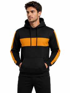 Men's Color Block Hoodie <b>Black</b> Mustard Yellow Pullover Hooded Sweatshirt Drawstring Kangaroo Pocket Custom Wholesale <b>Fleece</b> - Product Image 1