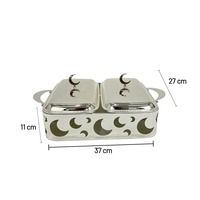 Plat de service rectangulaire de luxe doré à double compartiment avec découpes en forme de croissant de lune et inserts en verre, chauffe-plats pour événements de buffet du Ramadan