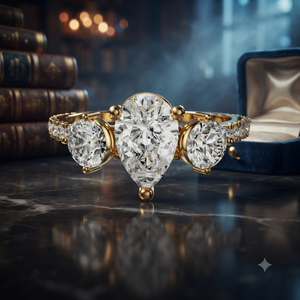 Bague de fiançailles en or jaune avec trois diamants taille poire pour femme, bague pavée pour mariage, promesse ou anniversaire - Product Image 1