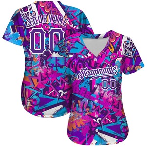 Maillot de softball pour femme, motif graffiti personnalisé, violet et blanc, respirant, anti-humidité, vêtements de sport professionnels pour équipe - Product Image 1