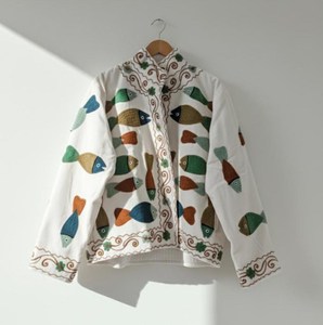 Vestes en toile à col montant et manches trois quarts, motif poisson, broderie Sujani indienne traditionnelle, style floral élégant - Product Image 3
