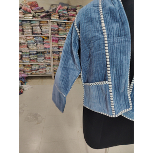Blazer en velours côtelé bleu pour femme, col châle, manches trois quarts, longueur courte, couleur unie, vêtement d'automne, cadeau pour elle - Product Image 2