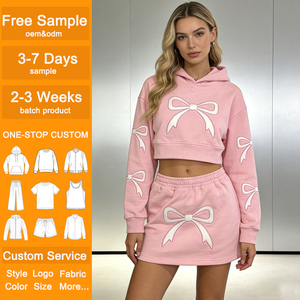Conjunto de Dos Piezas para Mujer, Sudadera Corta con Lazo y Minifalda con Apliques, Estilo Holgado, para Uso Diario en Todas las Temporadas - Product Image 1