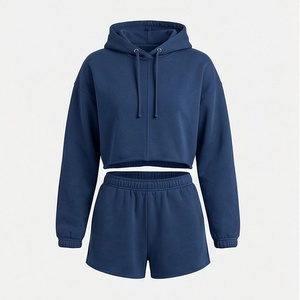 Women's 2 Piece Hooded <b>Crop</b> <b>Top</b> <b>and</b> <b>Shorts</b> Set Solid Color Fleece Casual Loose Fit Above Knee Length Spring Summer Wear - Product Image 1