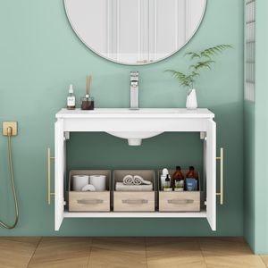 Meuble-lavabo mural blanc brillant de 30 pouces avec doubles portes à fermeture douce, crochets et longues poignées métalliques dorées pour une installation facile - Product Image 3