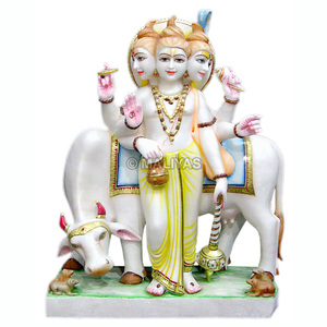 Premium Marble Lord Dattatreya Statue with Kamadhenu Cow | Handcrafted White Marble Dattatreya Murti | MALIYAS Jaipur - Product Image 2