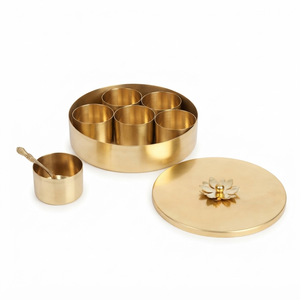 Handcrafted Brass Spice Box Masala Dabba Container Organizer Set Lotus Knob Lid Carved Spoon Indian Kitchen <b>Storage</b> Round Golden - Product Image 1