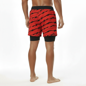 Short de bain pour homme à imprimé géométrique rouge, séchage rapide, avec cordon de serrage à la taille, longueur mi-cuisse, style sportif - Product Image 4