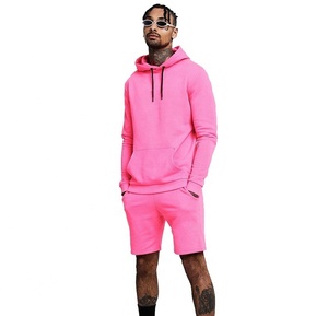 <b>Top</b> New Men's Cotton Terry <b>Rose</b> Pink Pullover Hoodie & Shorts Man Gym Workout & Training Wear Breathable Two Piece Hoodie Set - Product Image 2