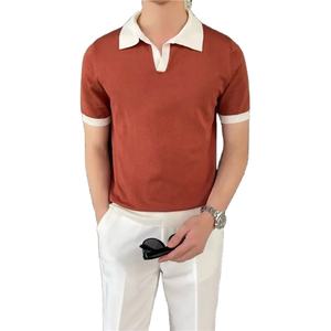 Derniers vêtements pour hommes respirants à manches courtes Version coréenne mince en coton Polo tricoté tendance de couleur unie en coton - Product Image 1