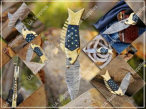 มีดพับเหล็กดามัสกัสคุณภาพระดับมืออาชีพจากโรงงานโดยตรง สำหรับตั้งแคมป์/ตกปลา ความแข็ง 58 HRC คมกริบ ระดับอุตสาหกรรม ด้ามไม้ทองเหลือง - Product Image 3