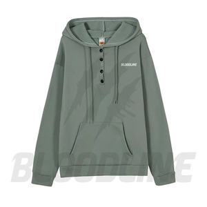 Sweat-shirt à capuche unisexe Bloodline, col boutonné, coupe ample, noir uni, coton French Terry, décontracté, pour l'automne - Product Image 2