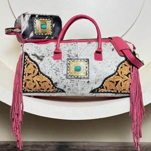 2025 Venta caliente diseñador mujer moda cuero mecanizado a mano gran capacidad piedra turquesa bolsa de lona y neceser de piel de vaca conjunto - Product Image 4