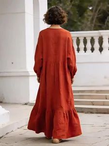 Robe longue bleu marine pour femme en coton et lin, coupe ample, manches longues, col en V, style bohème décontracté à volants - Product Image 4