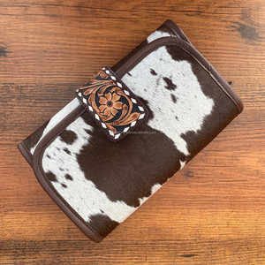 Hand <b>Tooled</b> Leather Jewelry Organizer Western Women Hair on Cowhide Foldable Jewelry Roll Holder & Travel Case Jewelry Storage - Product Image 2